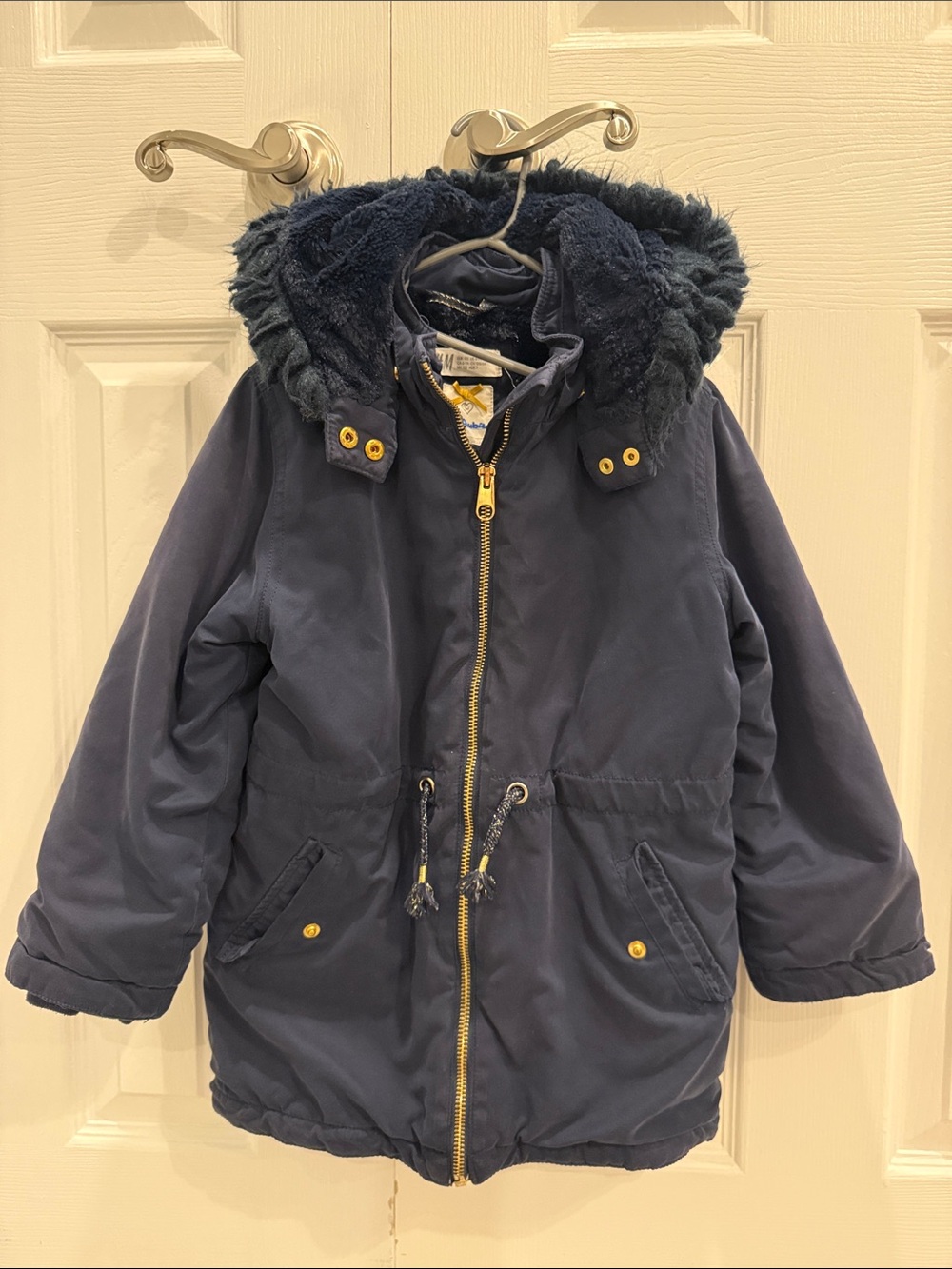 Kids Navy Hooded Winter Coat with Faux-Fur Trim